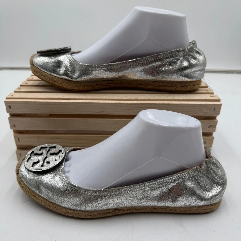 Tory Burch Ballet Flats Reva Metallic Logo Silver Womens Size 8.5